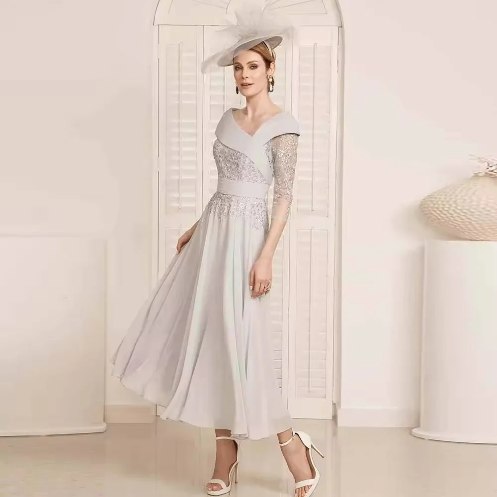 

Стильные платья для матери жениха по индивидуальному заказу, шифоновое трапециевидное серое платье с v-образным вырезом и вышивкой, плиссированное платье для матери невесты с рюшами