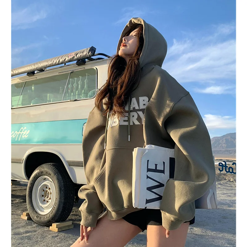 Women Green Hoodie Letter Print Drawstring Sweatshirt  Korean Fashion Hip Hop Leisure Fleece Thicken Winter New Tops Pullover