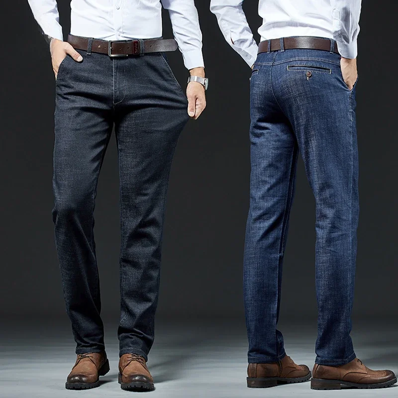 

Spring Autumn Men's Stretch Slim Fit Jeans Business Thick Casual Office Classic Fashion Black Blue Straight Denim Trousers Male