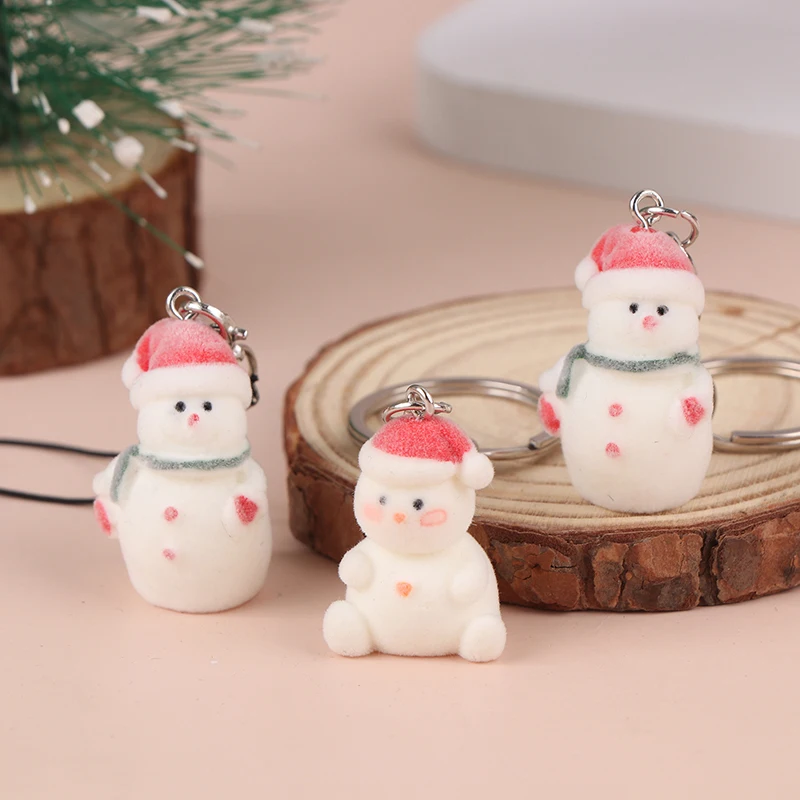 Flocking Christmas Key Chain Cute Snowman Phone Chain Pendant Earphone Case Anti-Lost Lanyard Bag Decor image 3