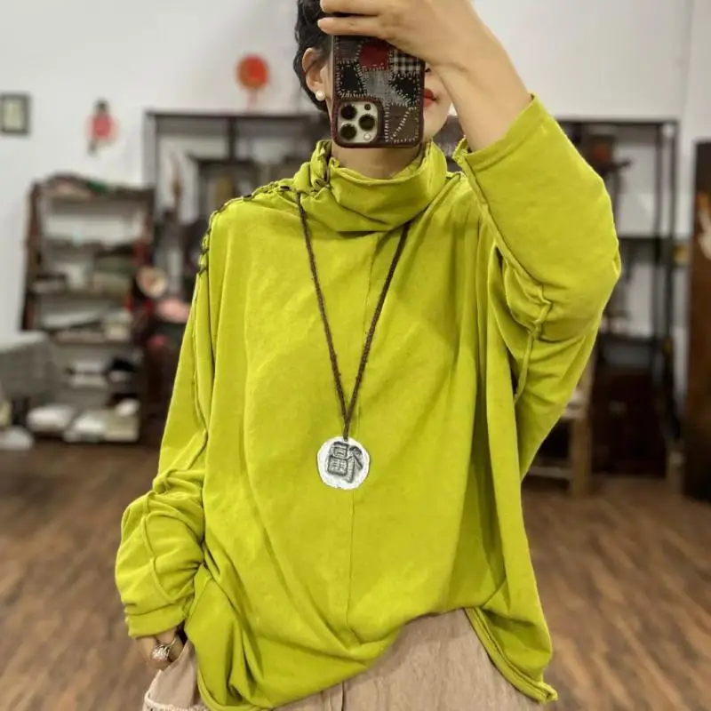 

New Autumn Arts Style Women Turtleneck Long Sleeve Loose Vintage Tops Tees All-matched Casual Cotton Tee Shirt High Quality TH9