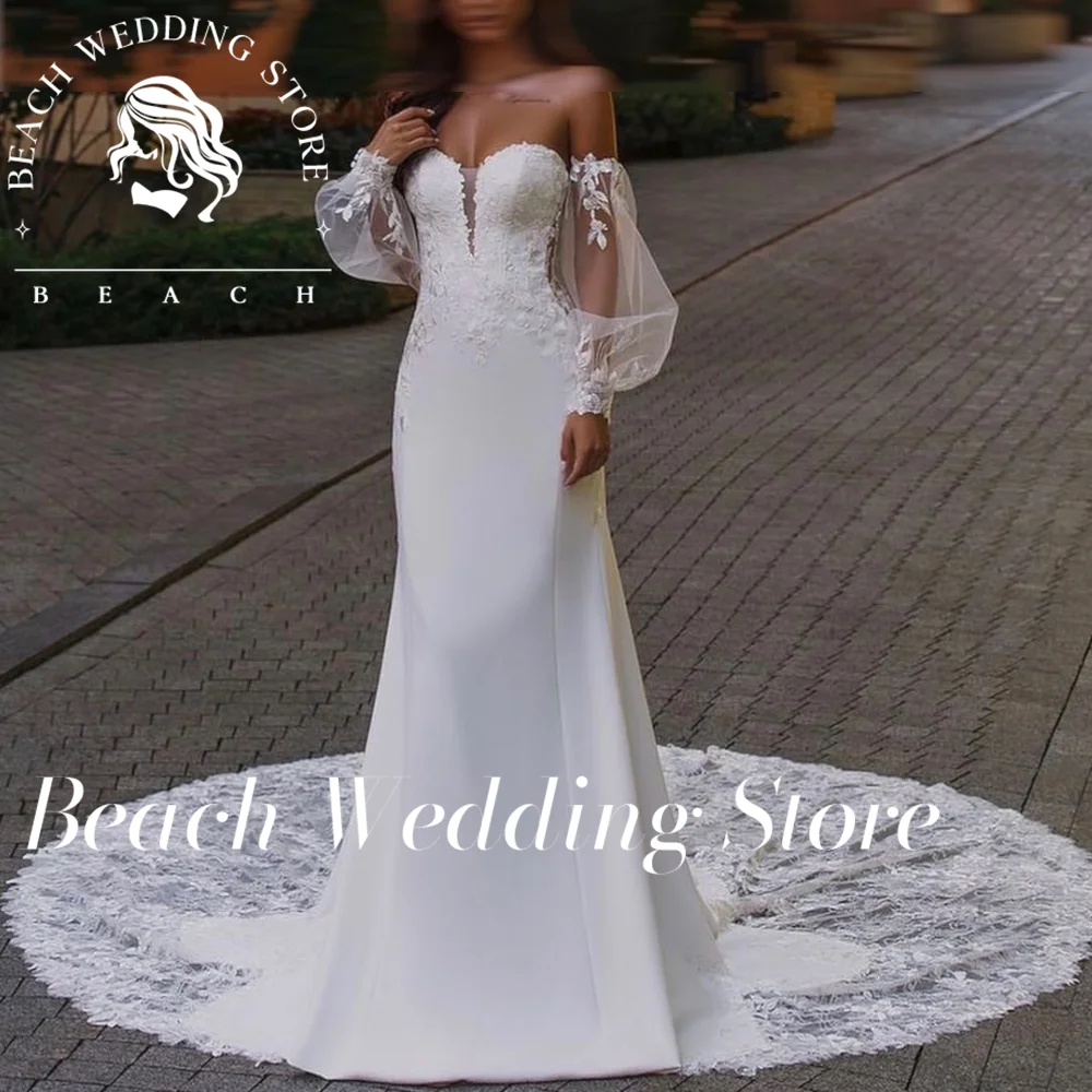

Beach Customized Wedding Mermaid Sweetheart Lantern Sleeve Lace Appliques Sequined Backless Train Gown Vestidos De Novia Woman