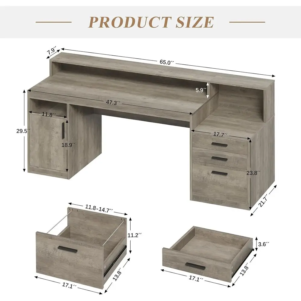 65 Grey Executive Desk with 3 Drawers, Storage Shelves, Monitor Stand, and Printer Shelf