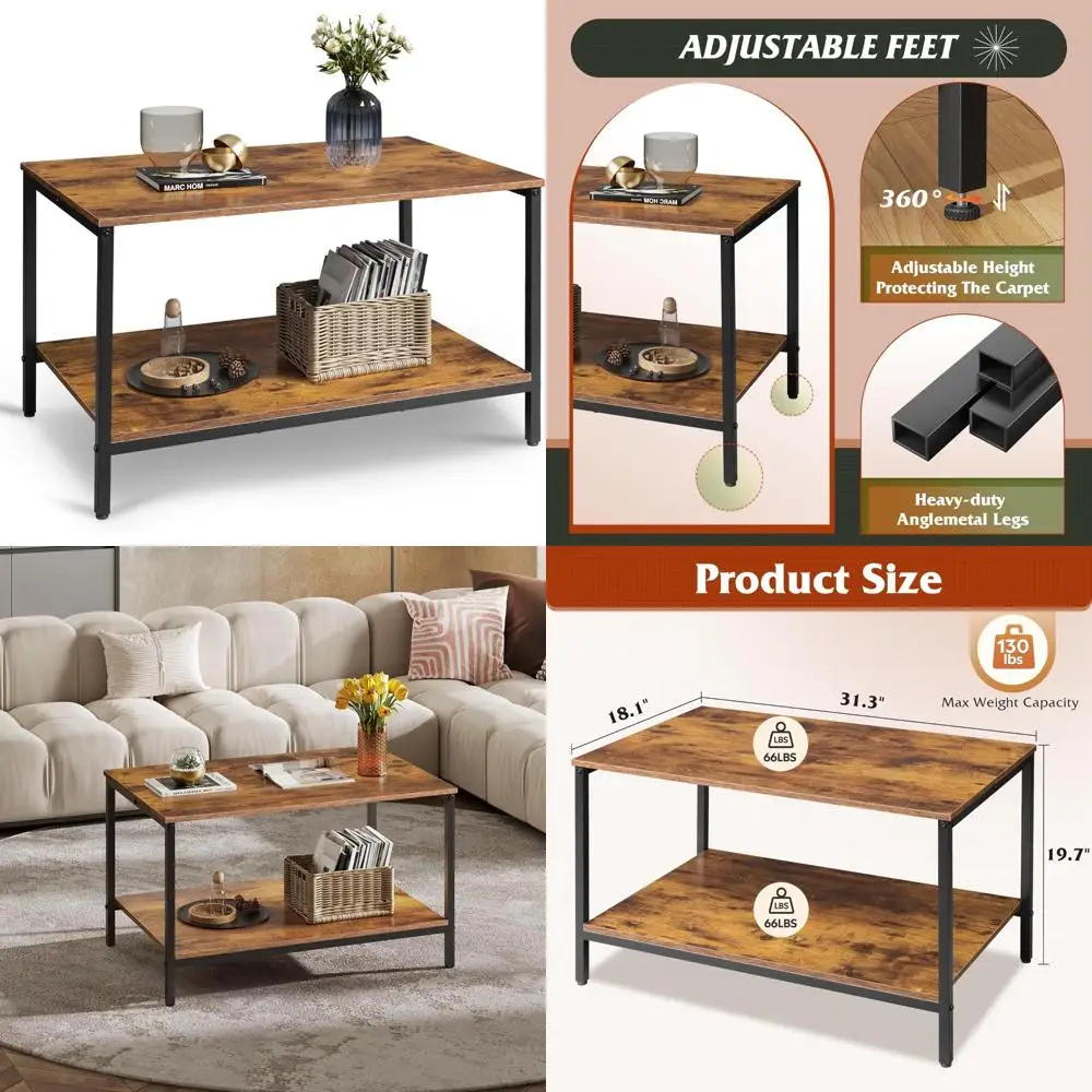 

Журнальный столик для гостиной в современном индустриальном стиле с полкой для хранения и металлическим каркасом, двухуровневым деревянным центром