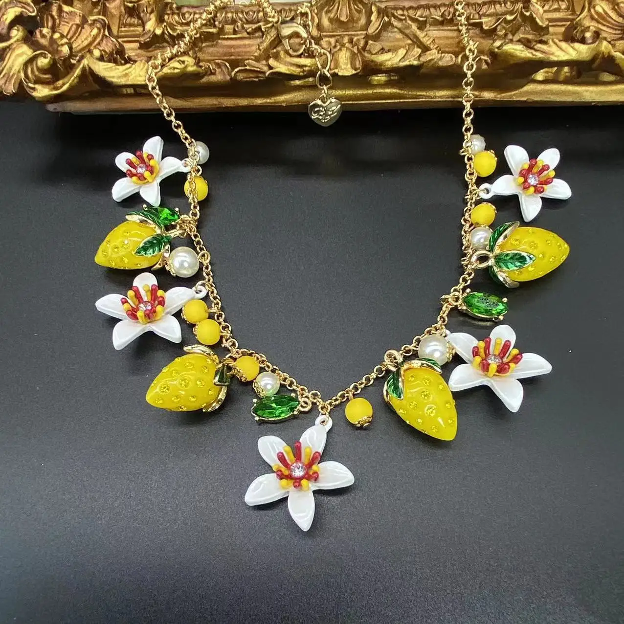 Vintage Colorful Flower Fruit Necklace Earrings Set Enamel Gold-plated Inlaid Earrings