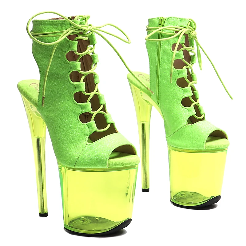 Leecabe  20CM/8inches  Glitter upper  Trend fashion Open Toe  transparent Green color High Heel   Pole Dance boots