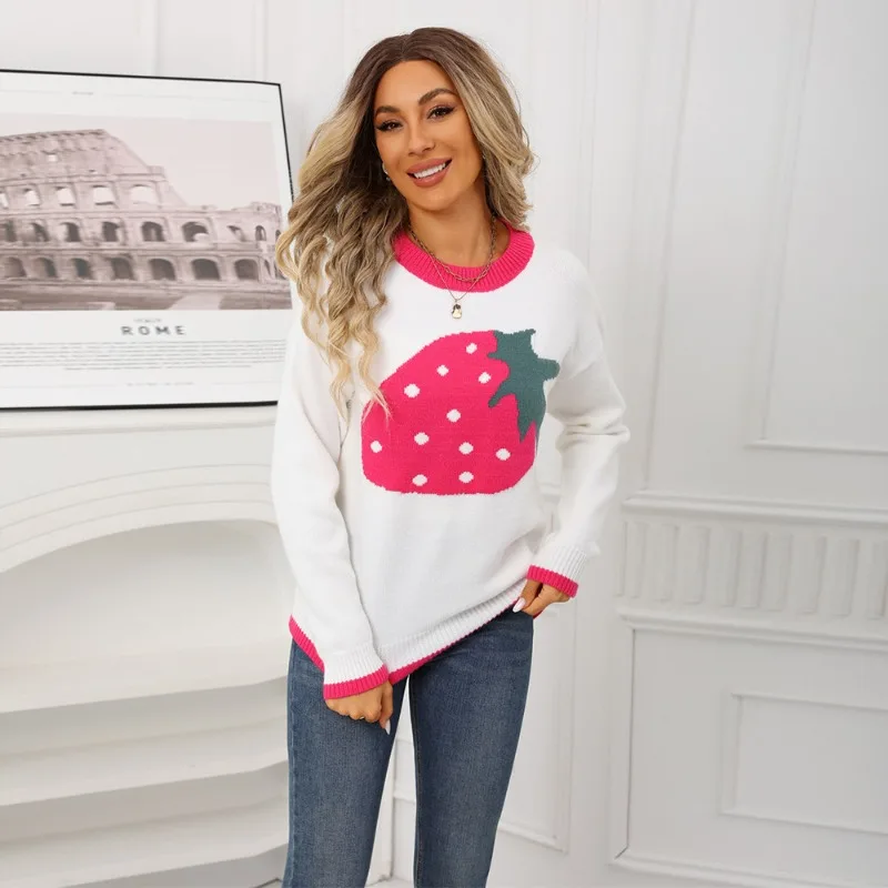 Casual loose strawberry Valentine's Day pullover sweater basic tops sweater autumn/winter Women's O-neck Full Sleeve Pullovers