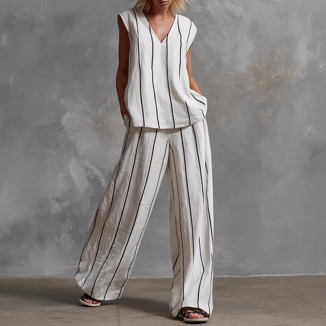 

2026 New Women's Striped Set Elegant Linen Cotton Top Modern Wide Leg Pants 2-Piece Outfits Summer Casual Loose Fit Set