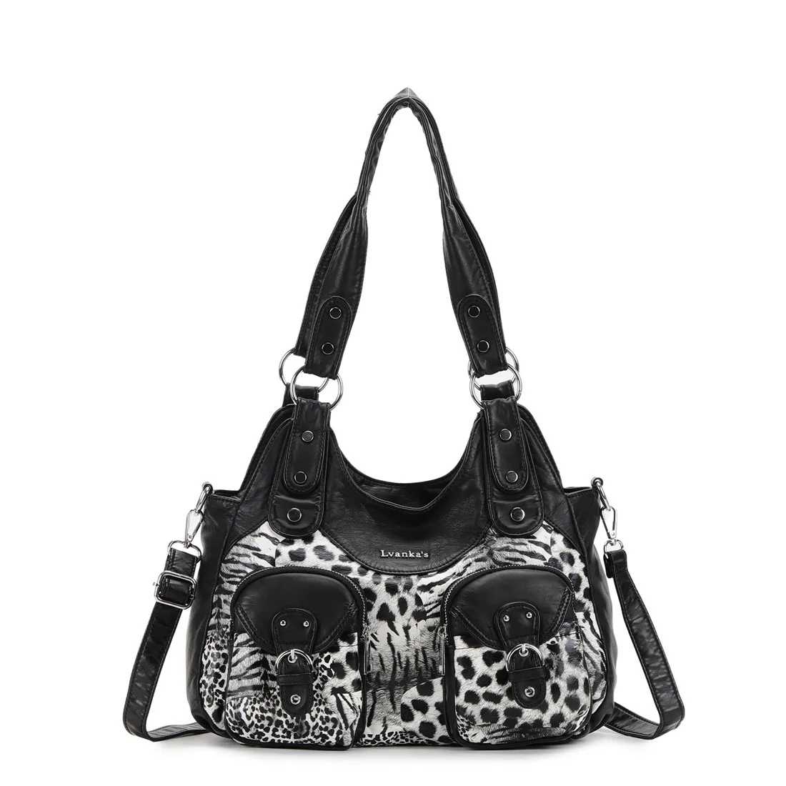 Women Large Hobo Shoulder Bag Mixed Animal Print Leopard PU Leather Handbag Multi Pocket Detachable Crossbody Strap Tote Purse