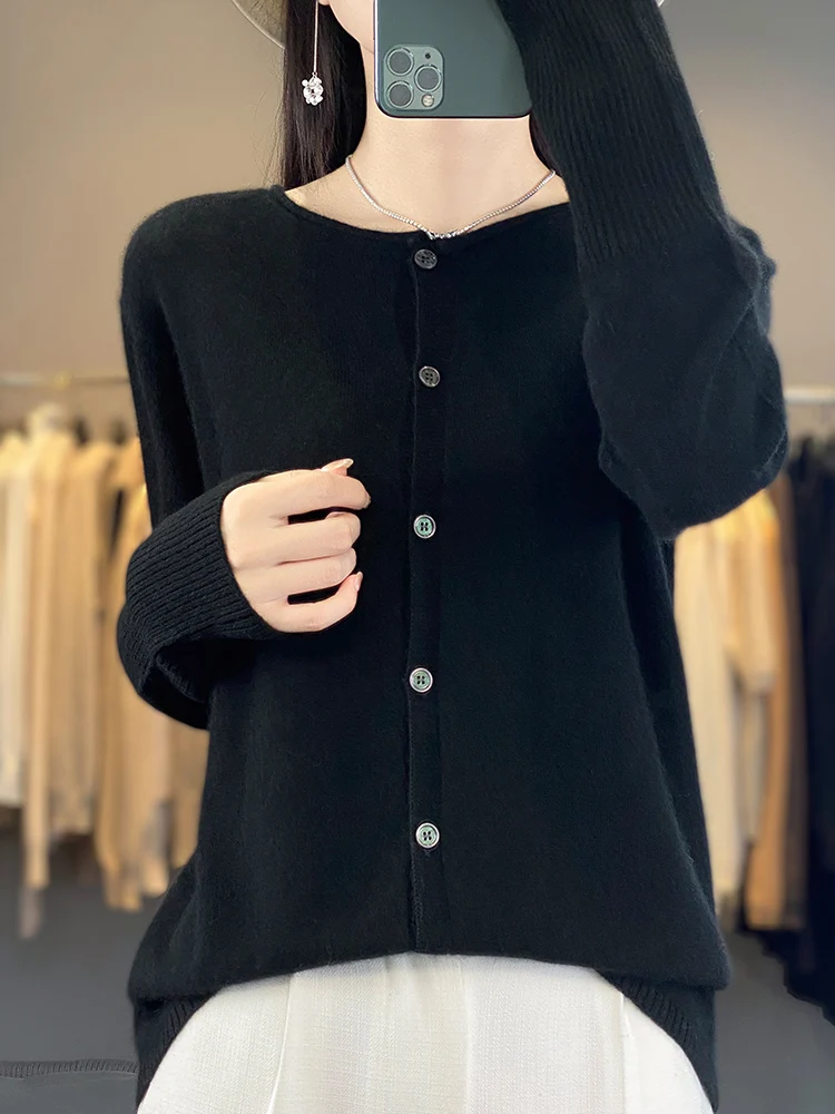 New Chic Spring Women O-neck Grace Cardigan Sweater 100% Merino Wool Solid Cashmere Knitted Female Clothing Korean Style Tops