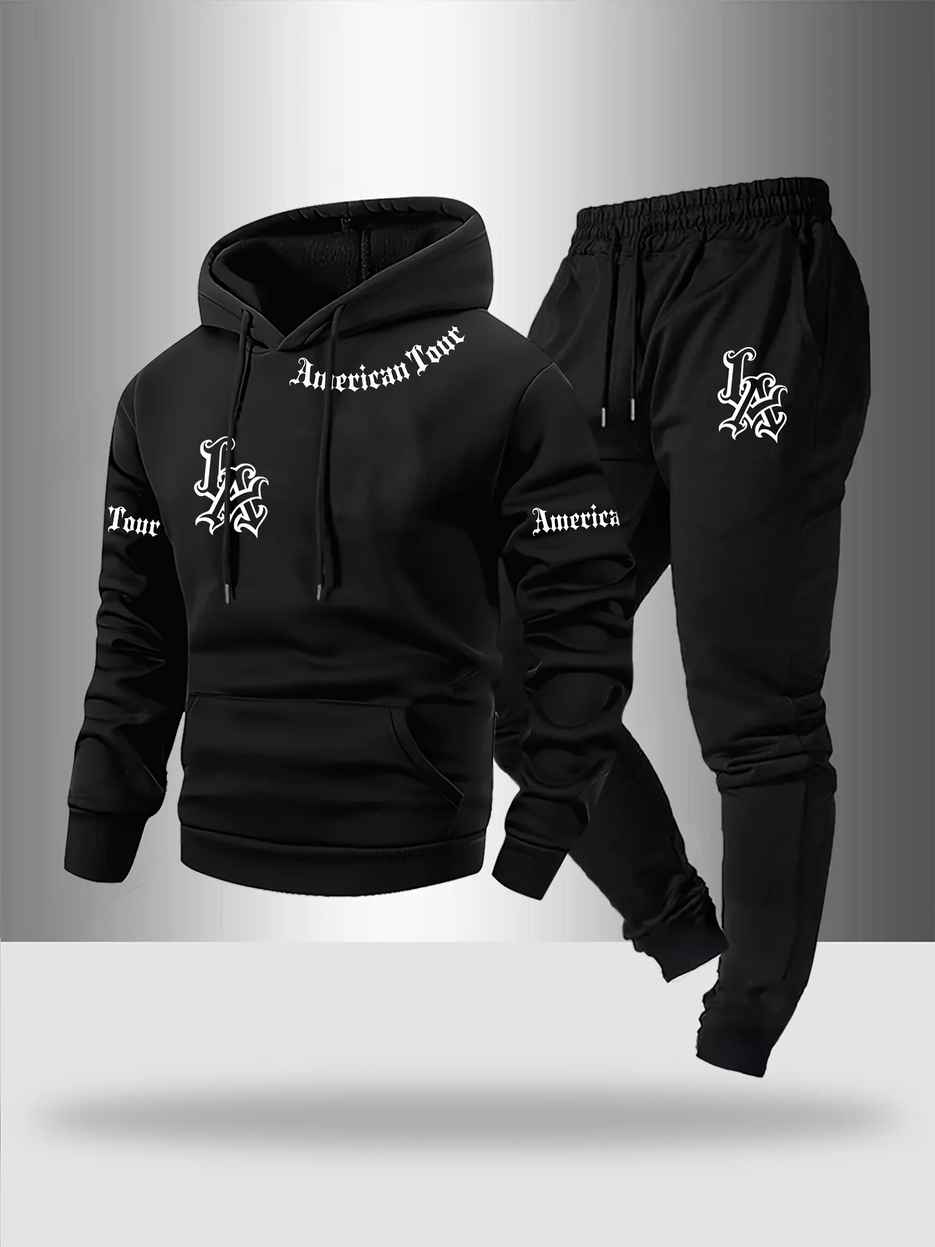 Men's casual two-piece set with letter pattern print, suitable for outdoor leisure and sports - for daily wear - suitable for al