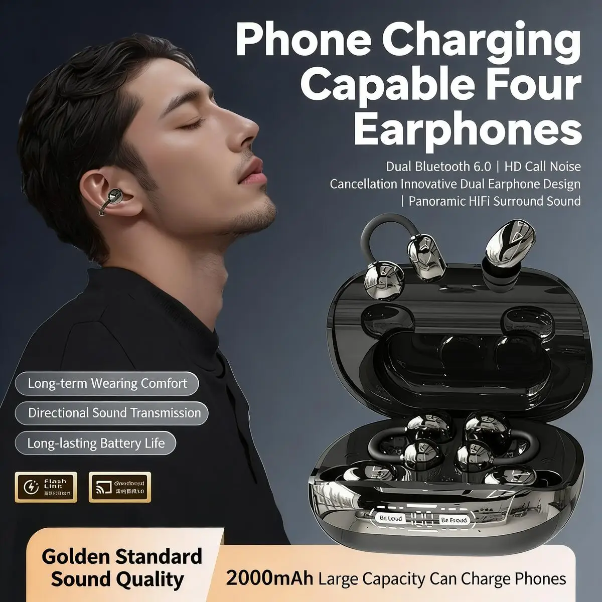 

New Fashion 2-in-1 Ear-Clip & In-Ear Bluetooth Headphone 2 Pairs Reverse Charging HiFi Stereo Comfort Fit for Music Couple Gifts