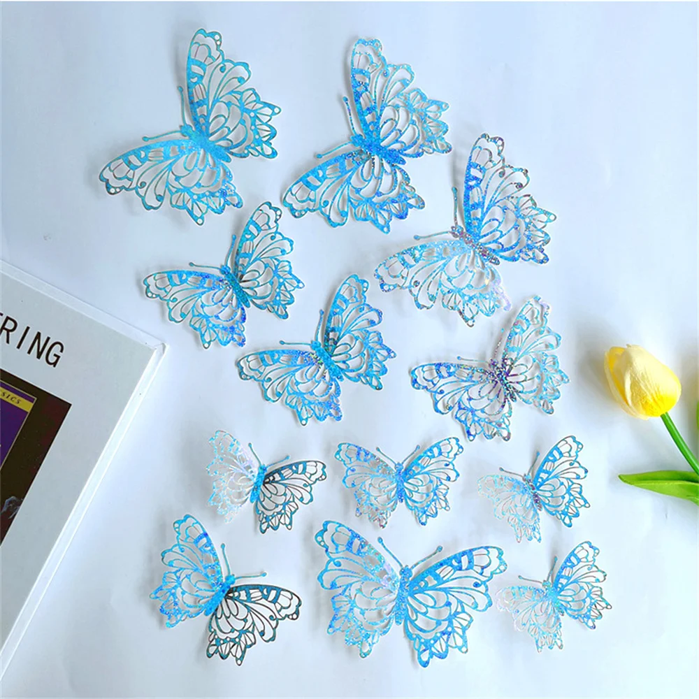 12 Pcs 3D Multicolor Butterflies Wall Sticker Decal Mural Hollowed Out Butterflies Exquisite Crafts Home Decorations Accessories