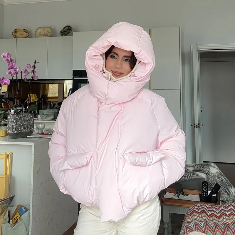 

2025 Autumn Winter Women Hooded Puffer Loose Casual Cotton Coat Solid Color Stand Collar Zipper Outwear