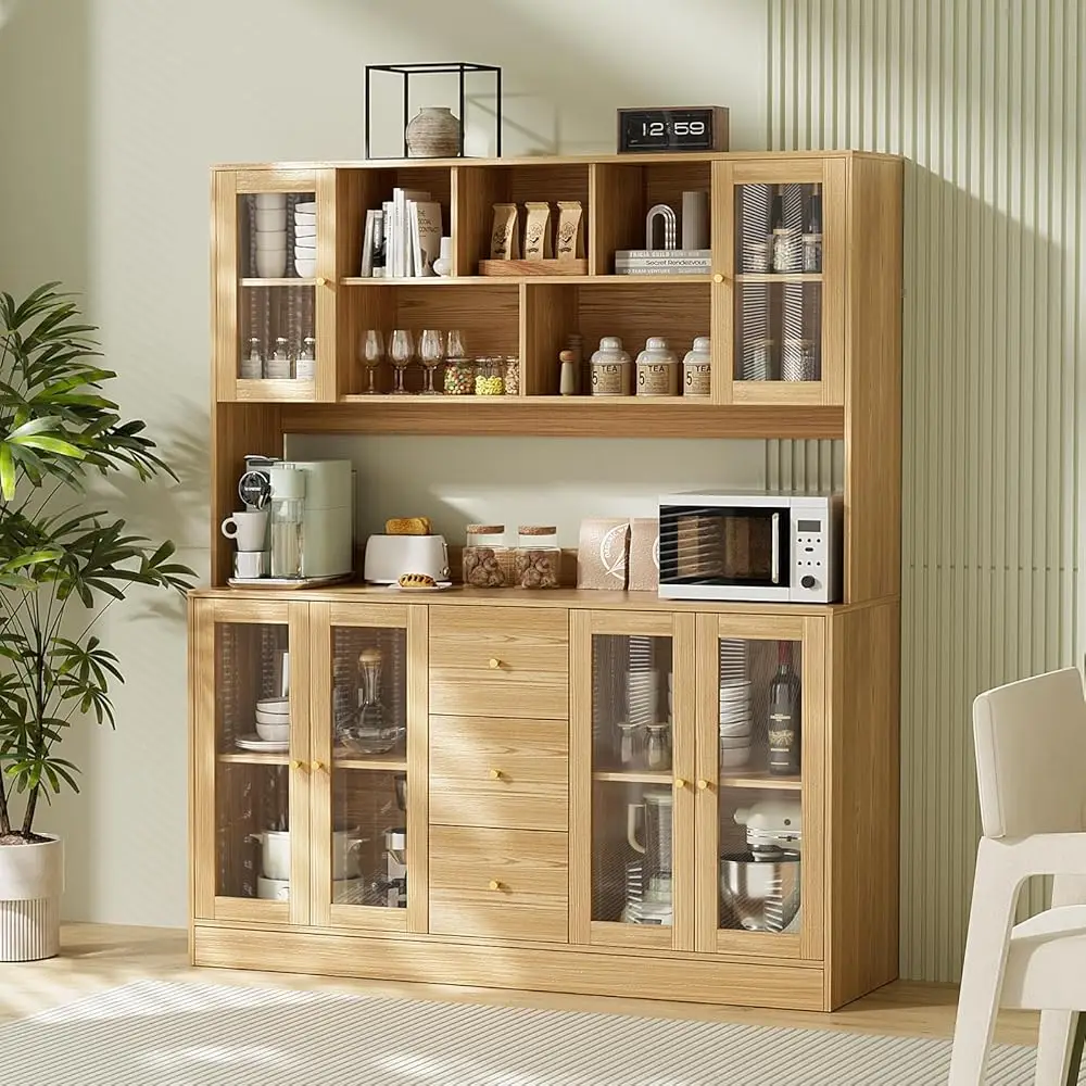 

Large Kitchen Hutch Cabinet With 6 Glass Doors, 3 Drawers & Microwave Shelf, Freestanding Cupboard For Open Storage, (Wood)