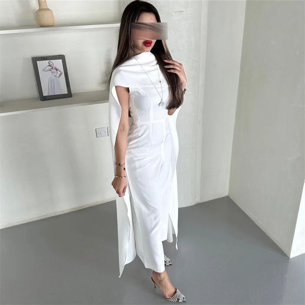 ROYET White Classic Style High Neck Formal Evening Dress For Woman Short Sleeve Ankle Length Sweep Train Prom Gown New 2024