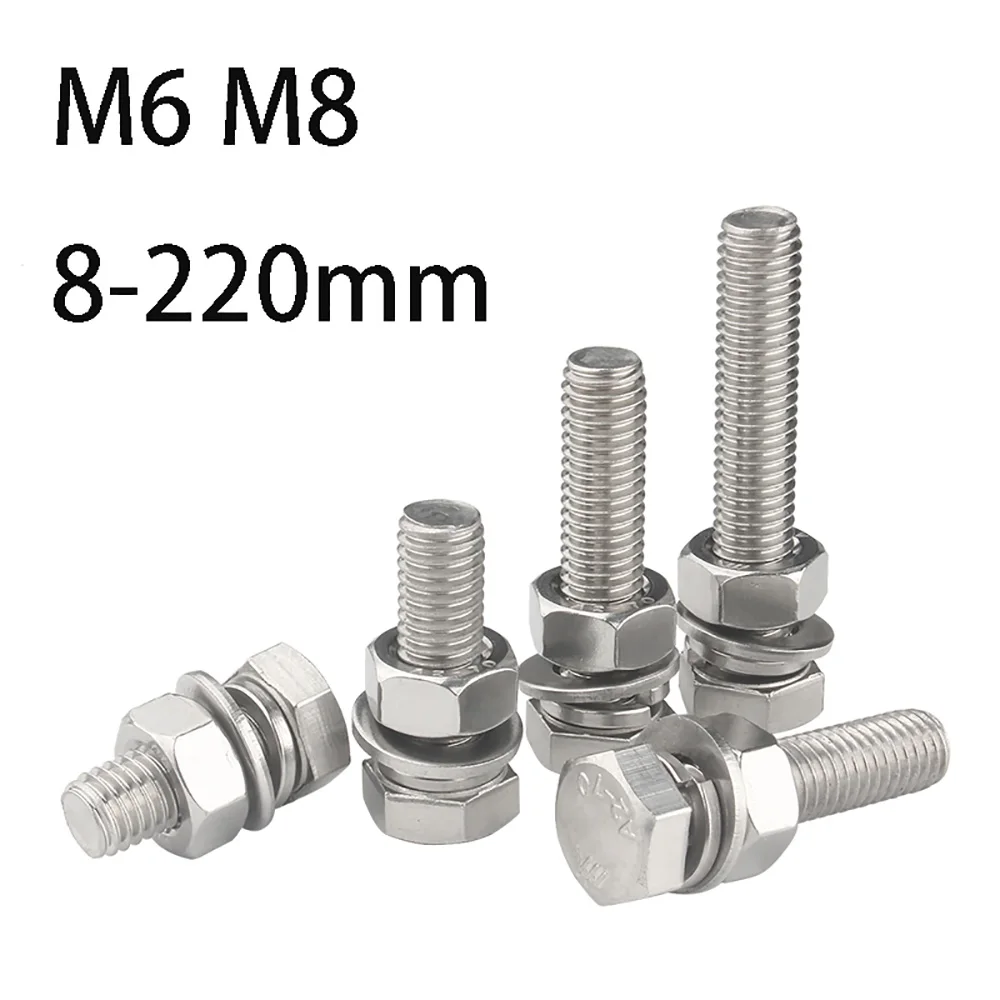 1-10set M6 M8 External Hexagon Screw With Washer Nut 304 Stainless Steel Outer Hex Head Cap Screws Bolts Set Length 8mm-220mm