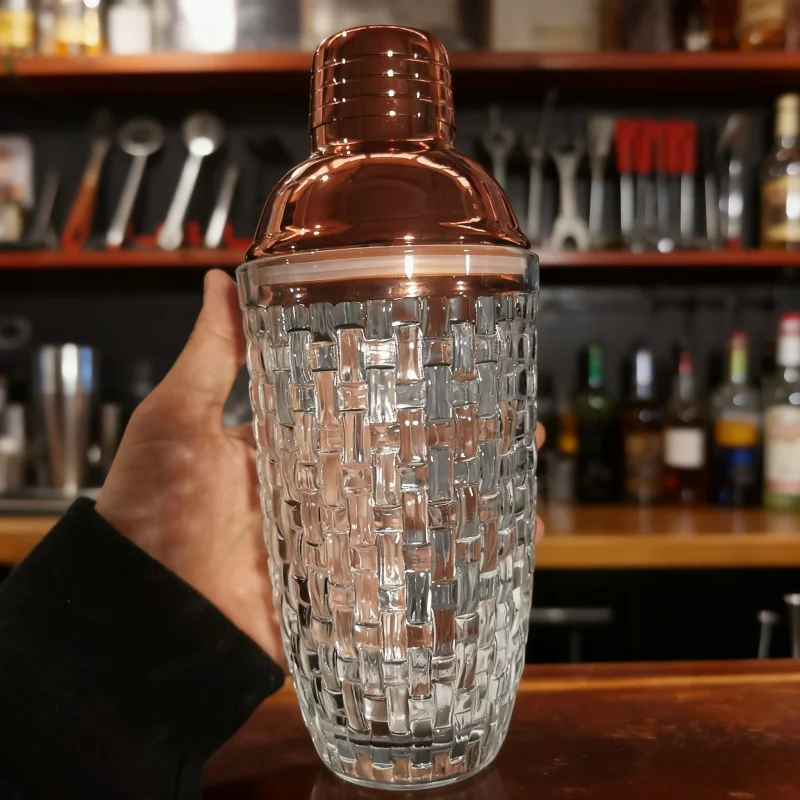 

Cocktail Glass with Leak-Proof Metal Steel Lid and Strainer Glass Cocktail Shaker Woven Texture Glass Stainless Steel Lid
