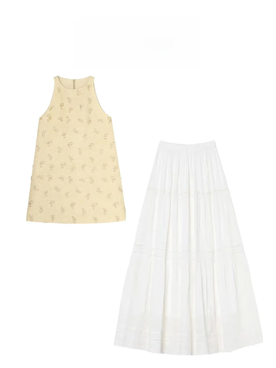 

Летний новый комплект Parkyeon: свободное платье-жилет без рукавов с круглым вырезом и пышная юбка-тортик, модный женский комплект из двух предметов