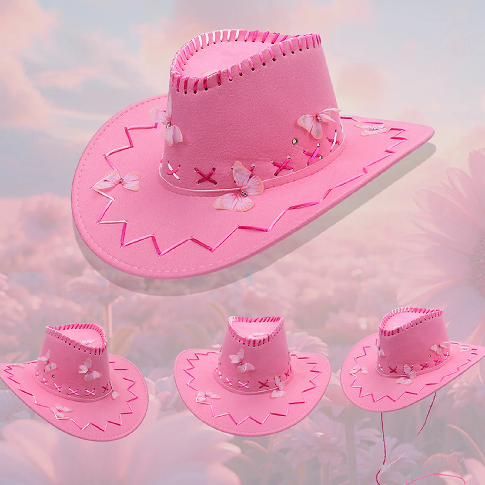 

Pink 1Pc Women Butterfly Wide-brim Cowgirl Hat with Drawstring for Outdoor Travel Horse-riding Climbing Western Themed Party Hat