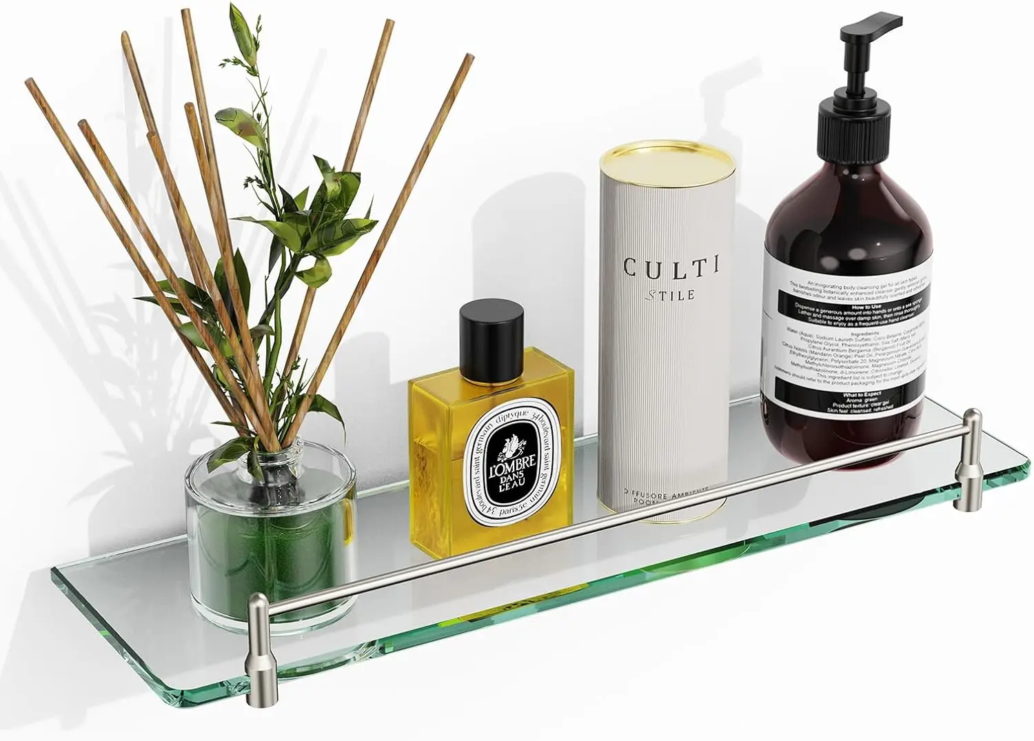 

16Inch Glass Bathroom Shelves,Brushed Nickel Floating Shelves for Wall Rectangular Modern Stainless Steel Glass Shelf