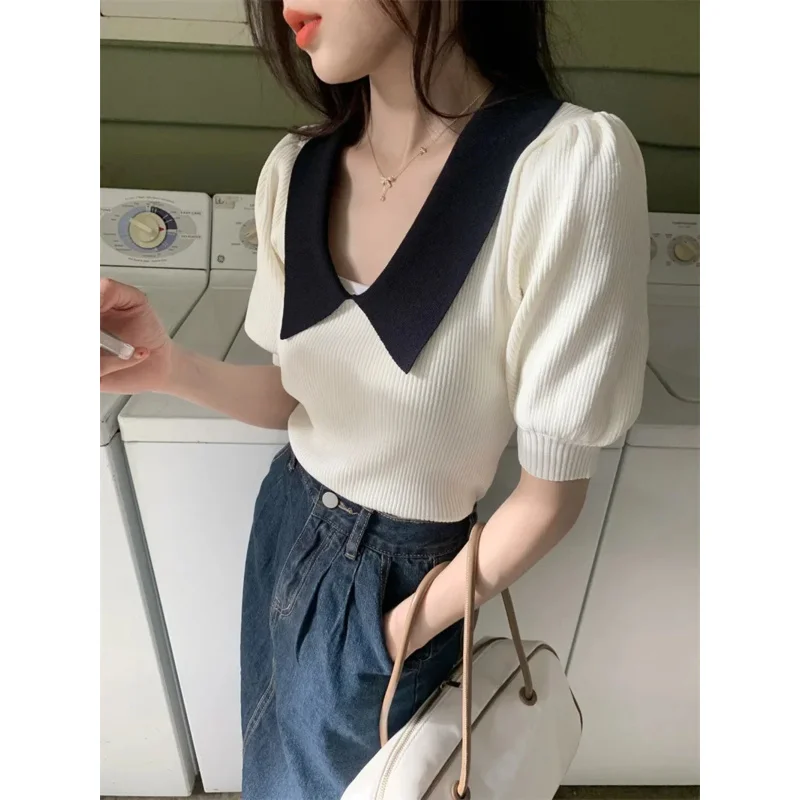 Vintage French Style Puff Sleeve Knit T-shirt Women\'s Niche Design Sensibility Cropped Top Summer Trendy Ice Silk Camisole