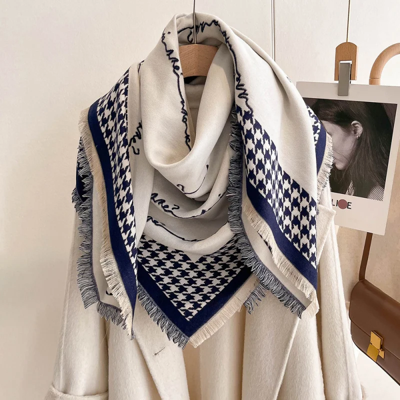 

Дизайнерский квадратный шарф с волнообразным узором «гусиная лапка» для женщин, 130x130 см, двусторонний, реверсивный, модный шарф-шаль премиум-класса.