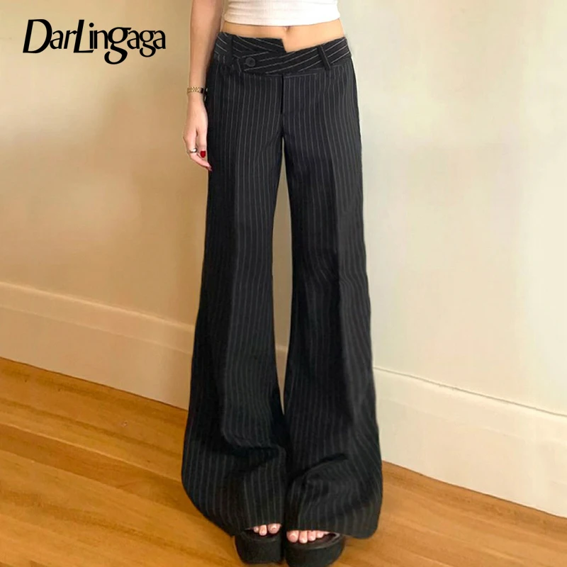 

Darlingaga Irregular Waist Patchwork Striped Suit Flared Pants Office Lady Fashion Slim-Fitting Trousers Casual Low Rise Bottoms