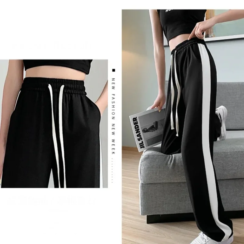 Women's Spring Autumn Elastic High Waisted Solid Pockets Drawstring Casual Loose Sports Wide Leg Trousers Fashion Vintage Pants