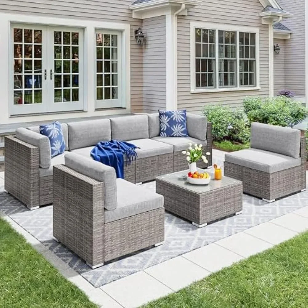 7 Pieces Outdoor Patio Furniture Set, Sectional Sofa PE Rattan Wicker Conversation Set Outside Couch w/Table and Cushions