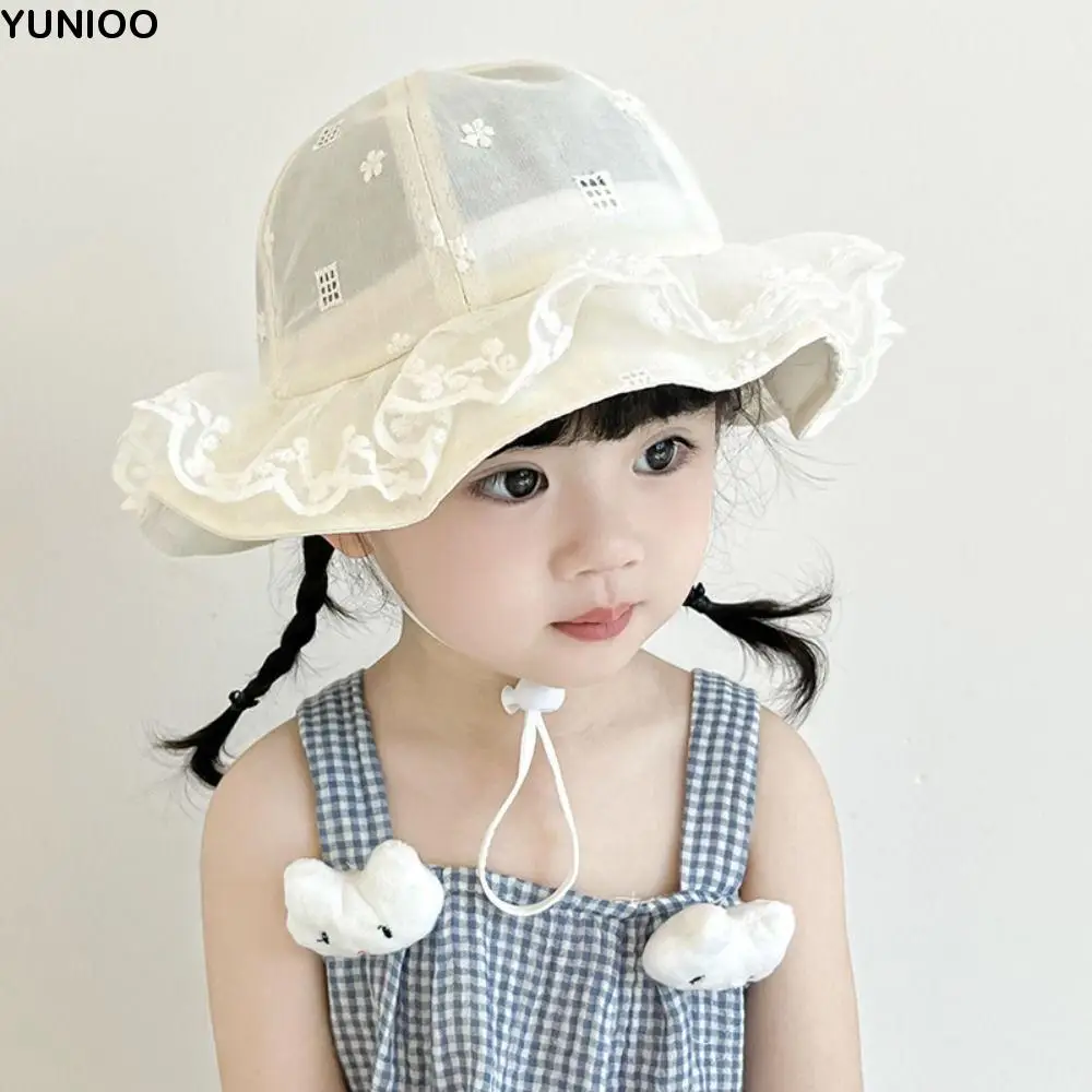 

Casual Sweet White Lace Bucket Hat Princess with Rope Toddler Sun Hat Ruffle Sunscreen Baby Fishermen Hat Outdoor