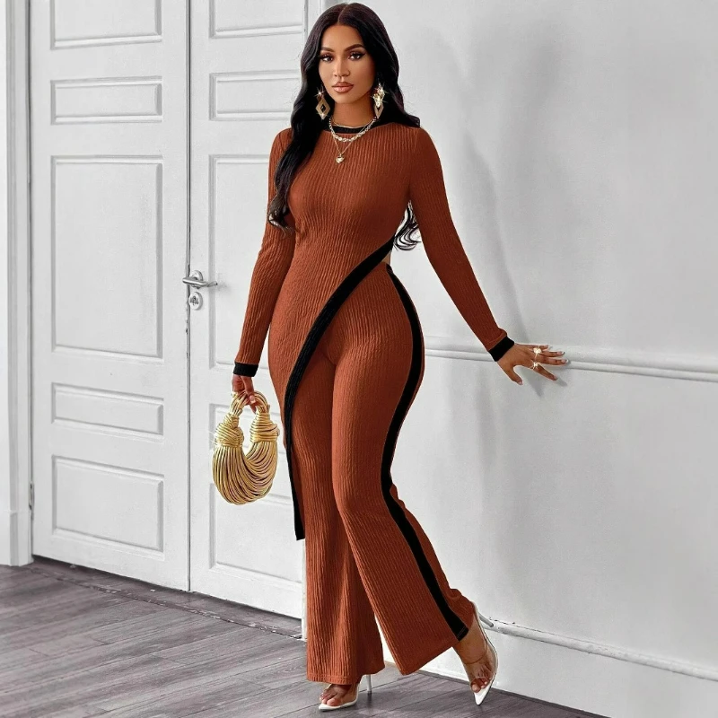 

Новая модная футболка с длинными рукавами и разрезом в европейском и американском стиле + лоскутные комплекты длинных брюк для женщин, осень-зима 2026 г.