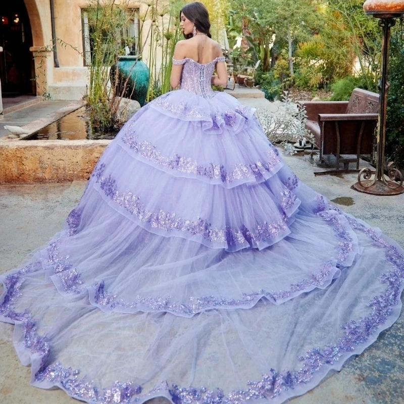 Lavender Shiny Off The Shoulder Quinceanera Dress Beaded Prom Dress Ball Gown 3D Flowers Puffy Tiered Luxury Sweet 16 15 Robe De