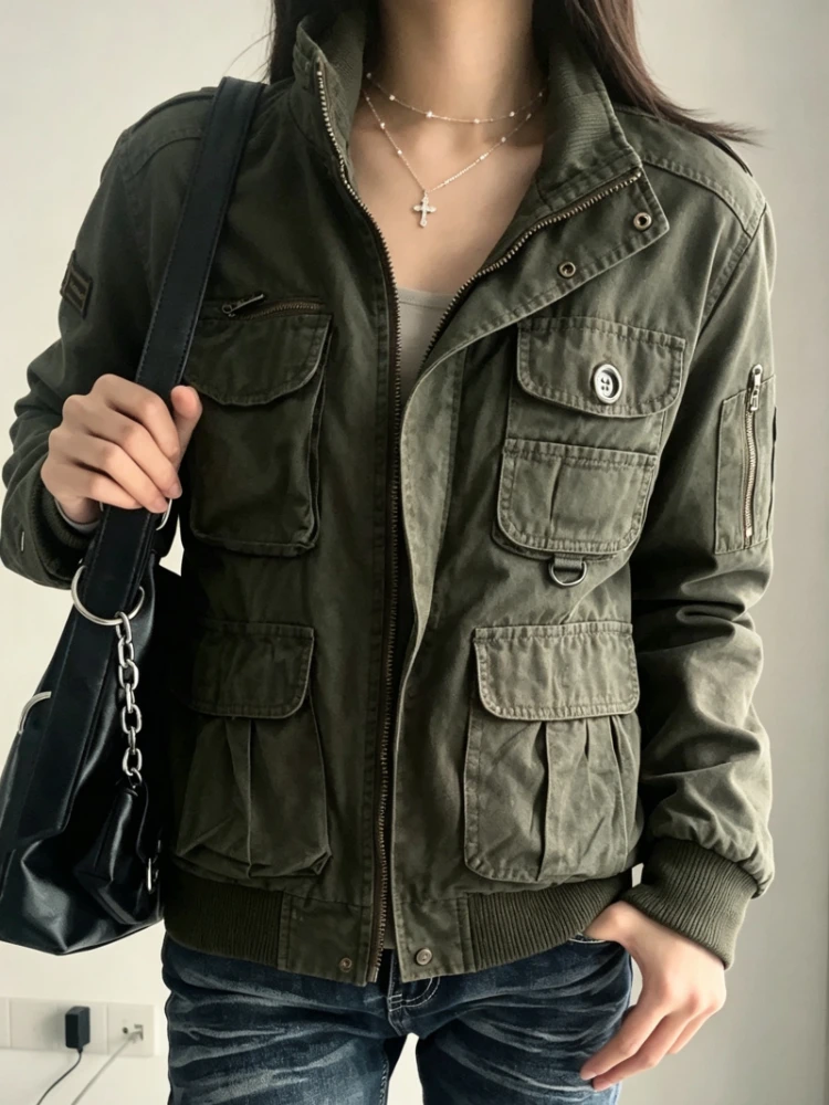 2026 Safari Style Army Green Jackets Women Long Sleeve Slim Outwear Camouflage American Vintage Trendy Elegant Retro Tops Coats