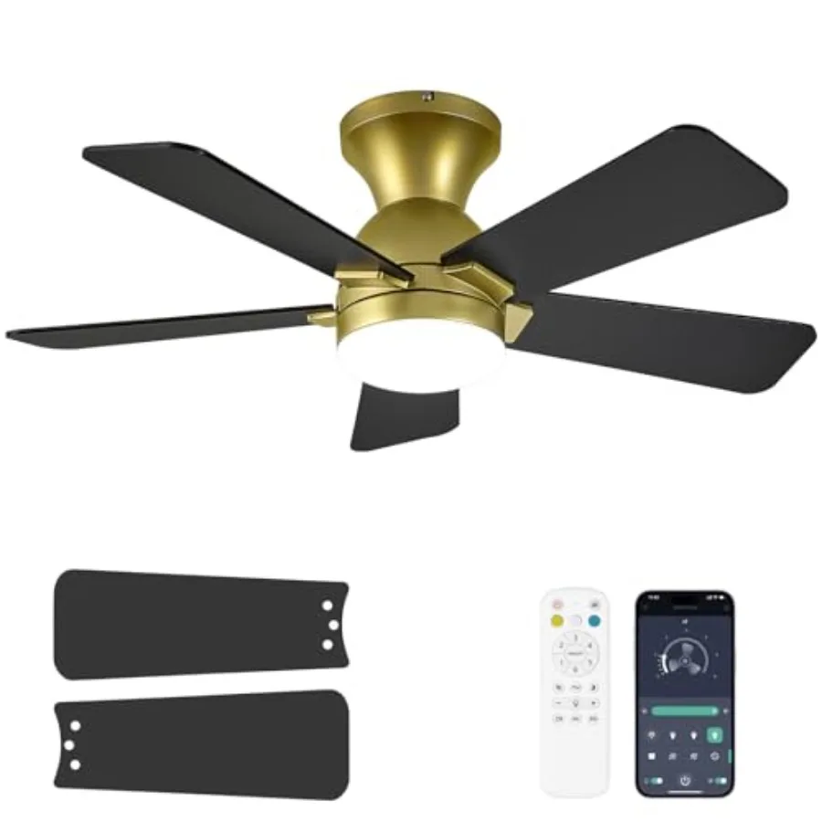 

Ceiling fan with light for bedroom, kitchen, office: 36-inch low-profile flush mount, gold finish, reversible, 3CCT dimmable LE
