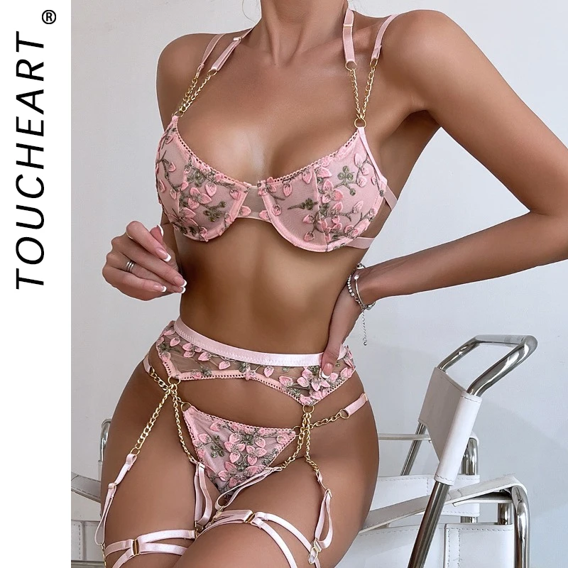 Laced Bra Lingerie Sexy Floral Embroidery Underwear Transparent Fairy Set Woman 2-Piece Boho Bra + Panty Underwear Set Intimates