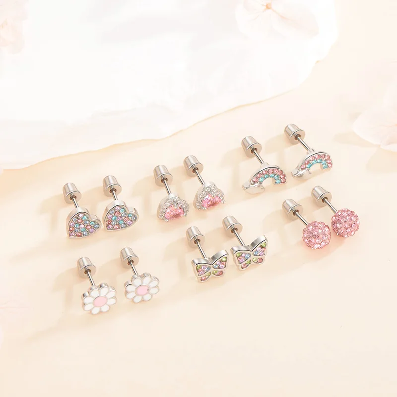 6 pairs of stainless steel screw stud earrings, such as hearts, flowers, butterflies, rainbows, set with shiny zircon earrings.