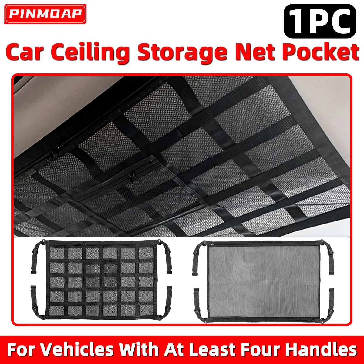 PINMOAP 1PC Vehicle Ceiling Storage Net Pocket Roof Organizer Mesh Cargo Bag For Cars With 4 Grab Handles Road Trip Essential