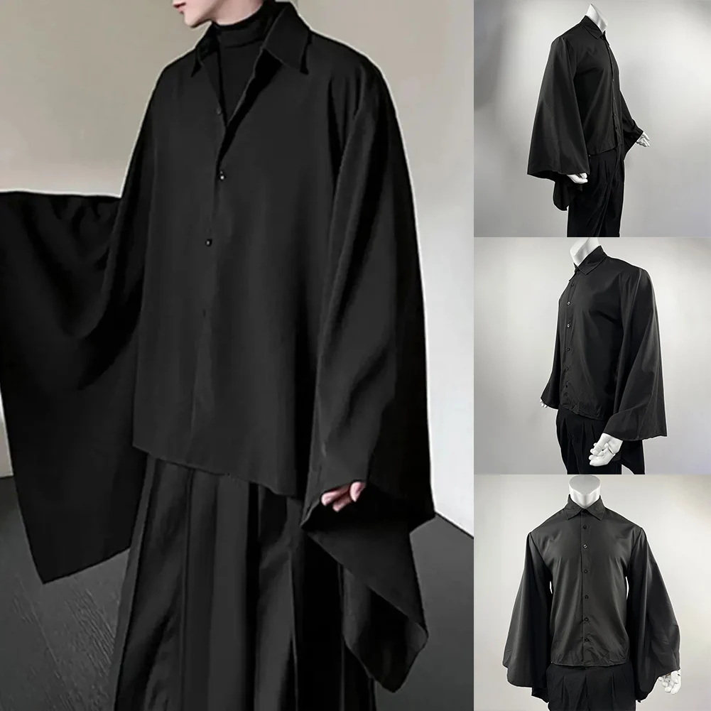 Männer Hemd Revers Flare Langarm Bluse Taste Vintage Casual Lose Streetwear Shirts Unregelmäßigen Saum einreiher Einfarbig