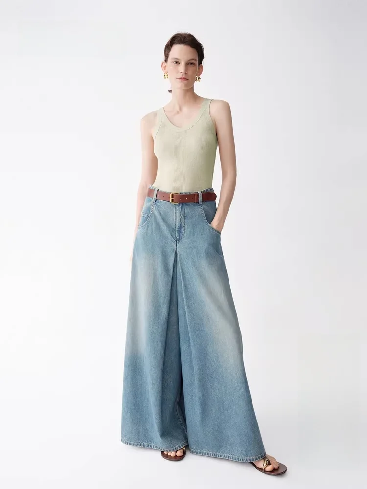 

Женские летние брюки-юбка с высокой талией, А-силуэт, из хлопкового шелкового денима, широкие штанины, в стиле ретро, винтажные, новая модель