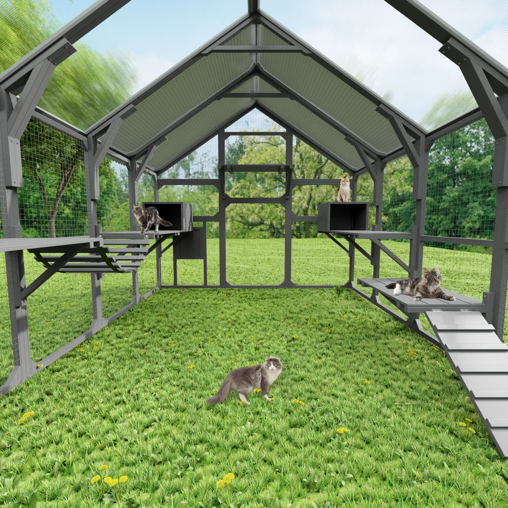Ye Large Catio Outdoor Cat Enclosure for Multiple Kittens - Wooden Cat House with 7 Platforms, 2 Resting Boxes, 1 Bridge, 1 Ramp, Walk-in Kitty Cage Kennel with Sunshine Board Roof, Gray view 3