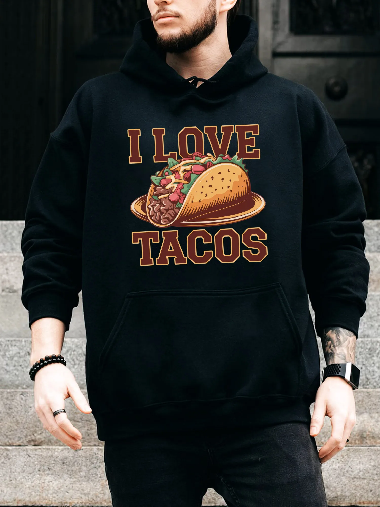 

Мужская толстовка на шнурке I Love Tacos — повседневный удобный черный пуловер, осенне-зимняя толстовка с капюшоном