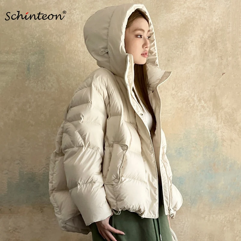 Schinteon Women Down Jacket Casual Over Size Autumn Winter Outwear with Hood Warm White Duck Down Soft Coat 2024 New