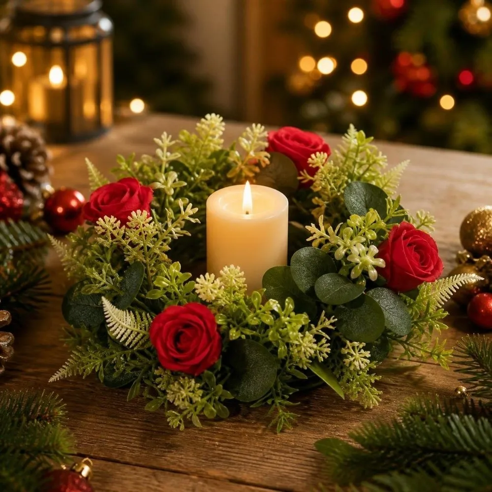 Rose Wreath Candle Holder Artificial Green Leaves Table Ornaments Pillar Candle Holder Centerpiece Decoration Exquisite