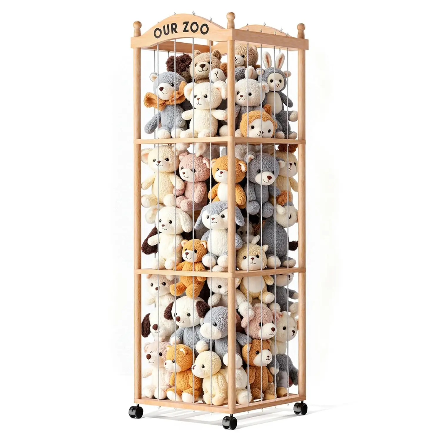 

Large Wooden Stuffed Animal Storage Tower with Wheels, Space-Saving Toy Organizer for Nursery Playroom Bedroom