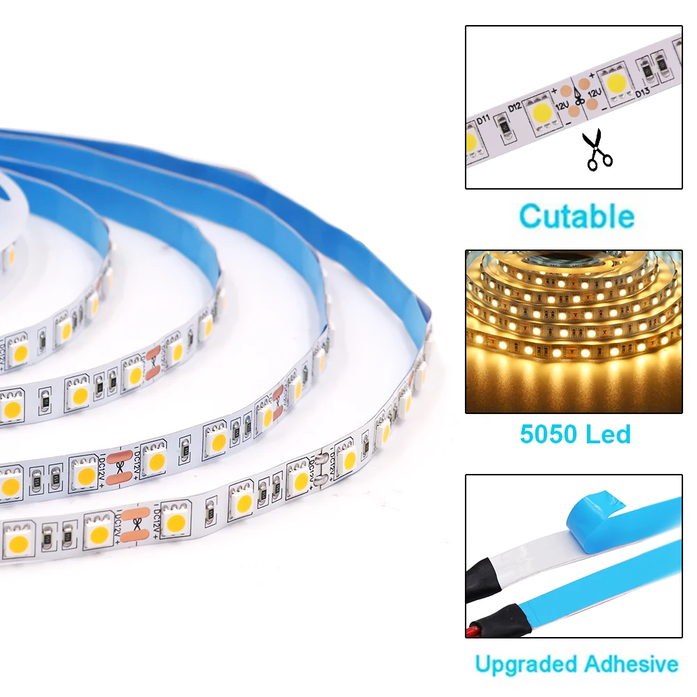 5m High Bright RGB LED Strip Light 12V 5050 60LEDs/m Flexible LED Tape Neutral White Epistar Chip Non waterproof LED Ribbon