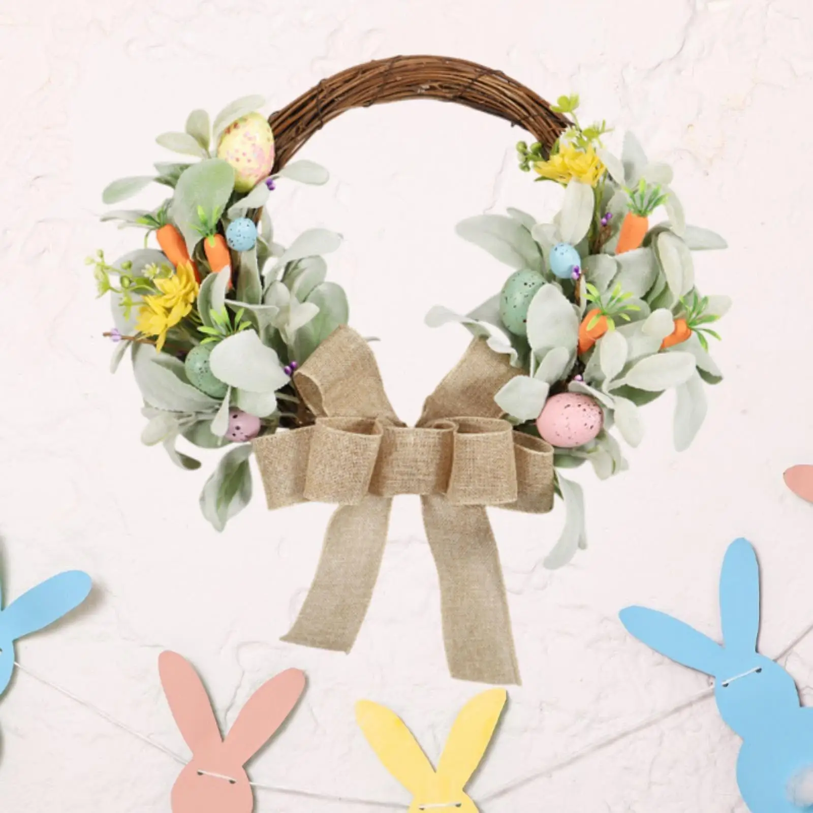 Easter Egg Wreath Round 15.75 inch with Bow Home Decor Front Door Wreath for Fireplace Mantle Indoor Outdoor Farmhouse Kitchen