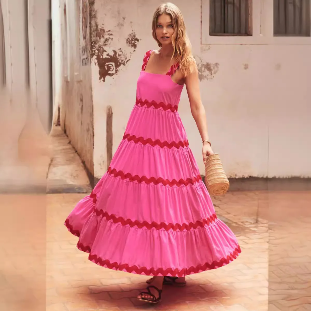 Wavy Pattern Splicing Spaghetti Strap Print Dresses Women Fashion Trendy Lady Long Dress Spring Summer New Vestidos Streetwear