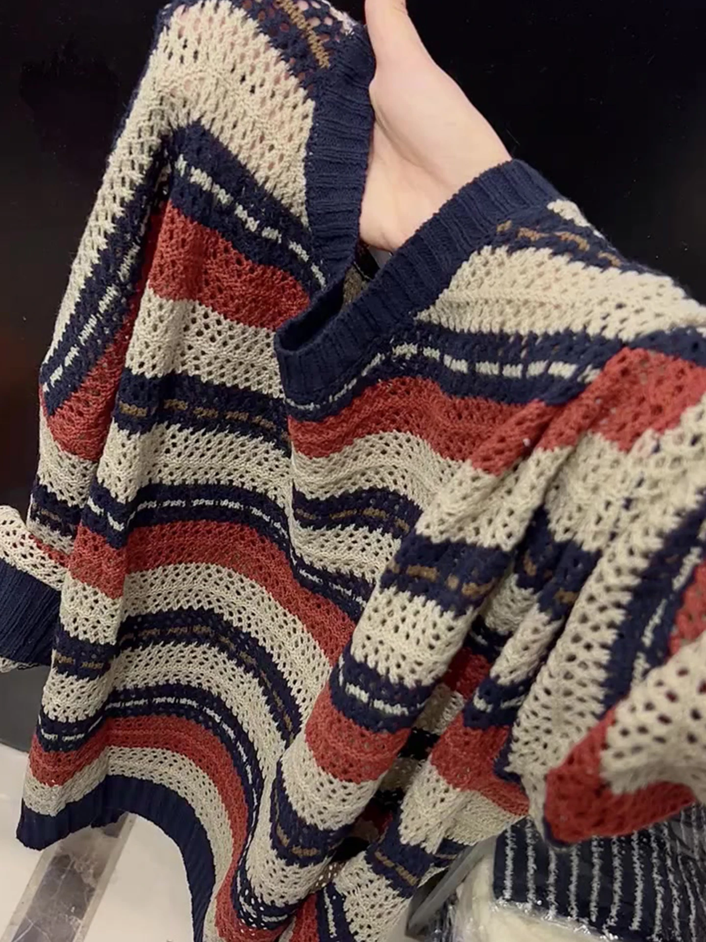 

Casual Stripe Color Blo round Ne Long Sve Knitted Top for Women Commute Sle Vintage Lazy Faion Base irt