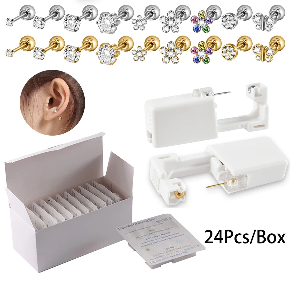 24pcs/Box Disposable Sterile Zircon Ear Unit Cartilage Tragus Helix Piercing Gun NO PAIN Piercer Tool Machine Kit Stud Jewelry